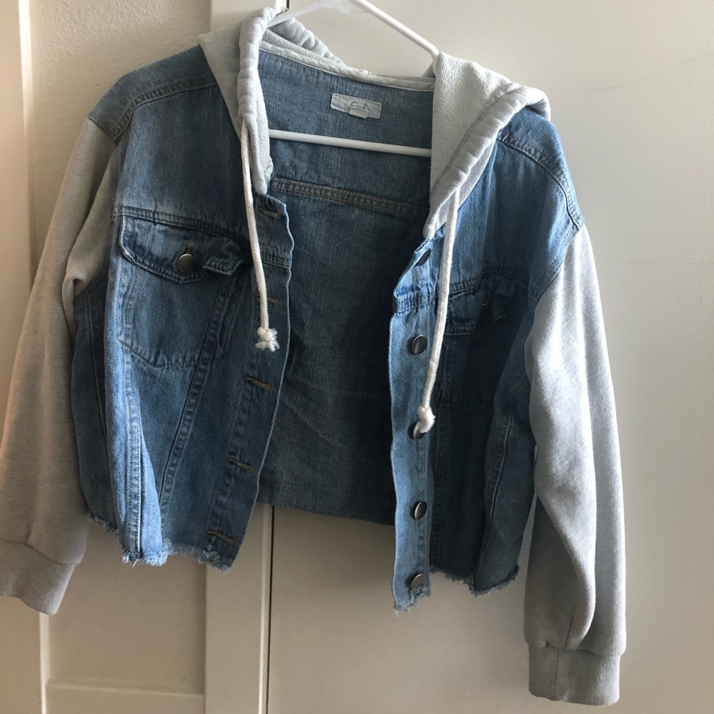 Crop denim jacket with faux sweatshirt